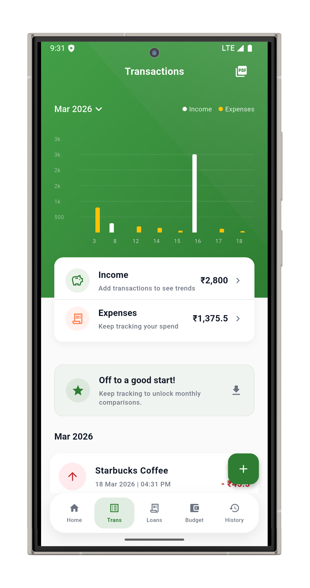 SpendPeel transactions screen