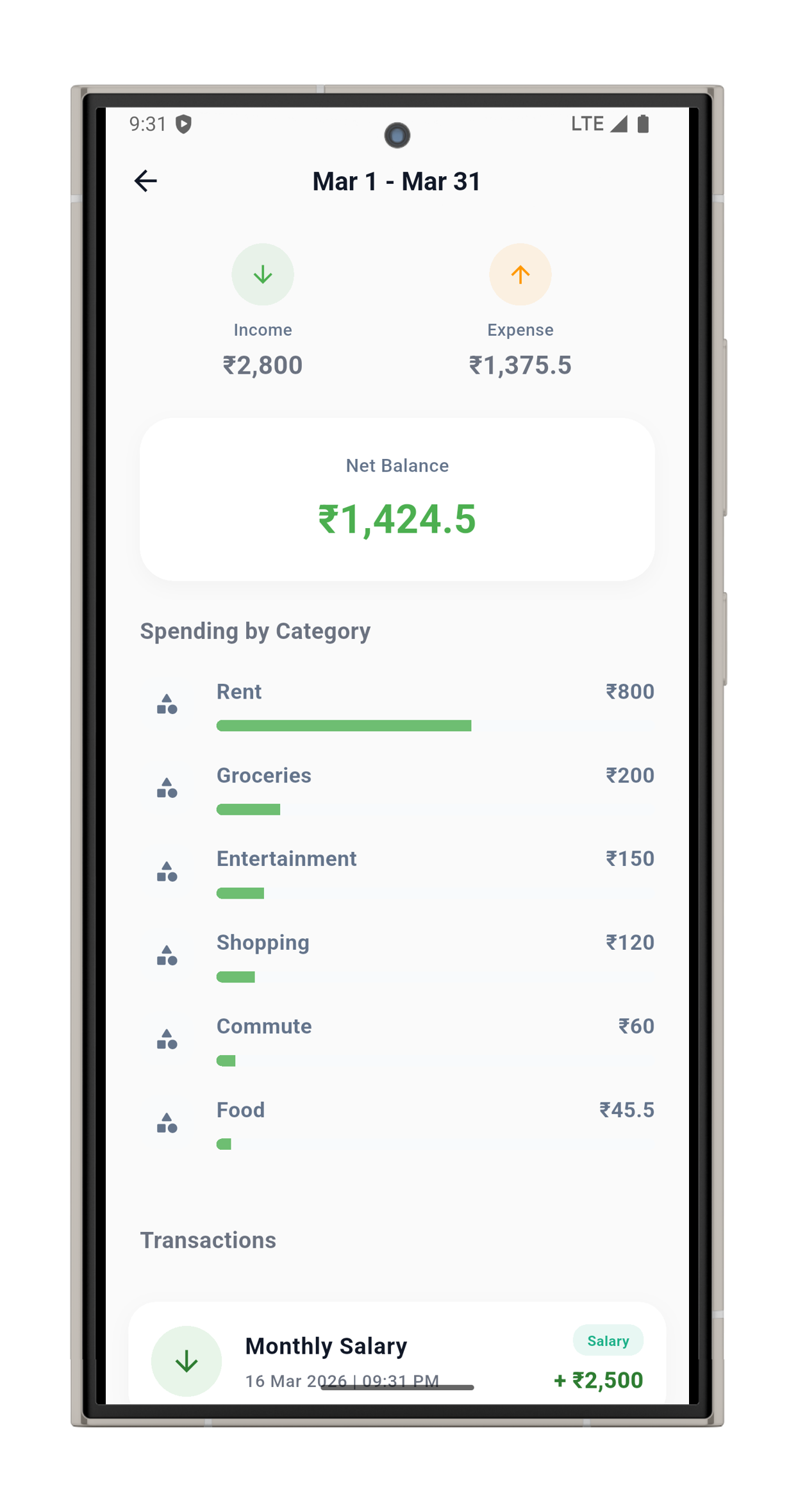 SpendPeel monthly overview and category breakdown screen