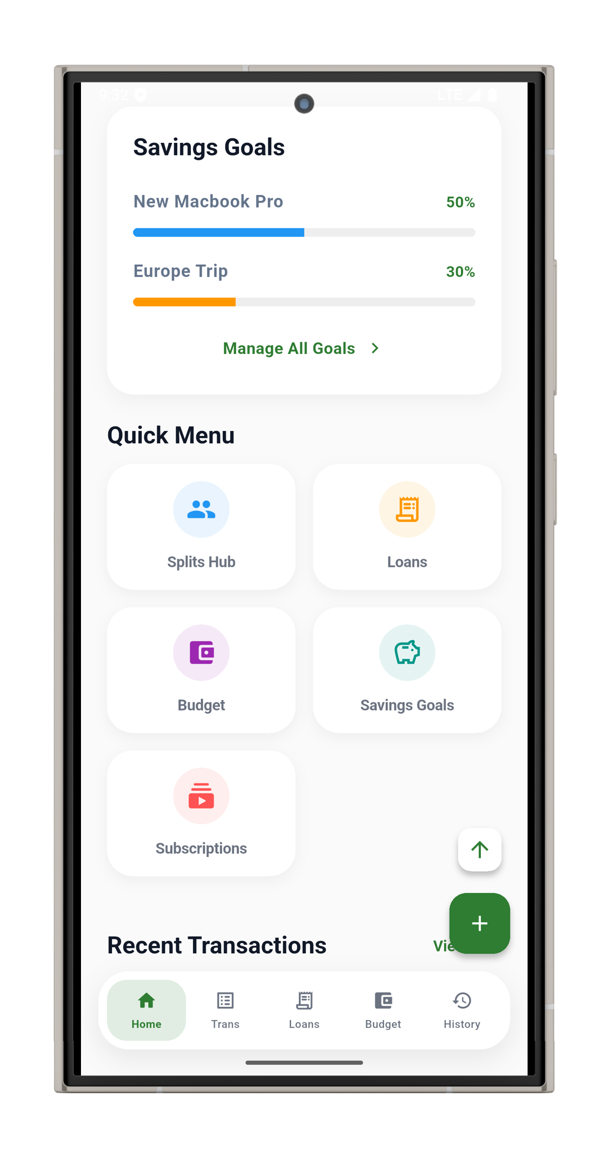 SpendPeel savings goals and quick menu screen