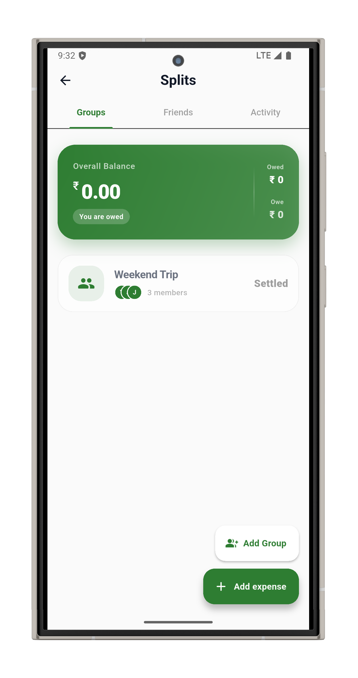 SpendPeel split groups screen